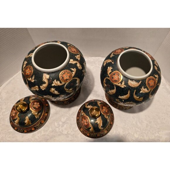 ASIAN VINTAGE PORCELAIN TEMPLE JAR HAND PAINTED MULTI-COLOR GOLD TRIM 12"  Set o - Picture 8 of 11